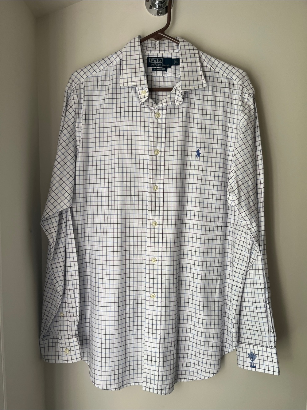 Polo by Ralph Lauren White Shirt with Blue, Purple, and Black Windowpane Check